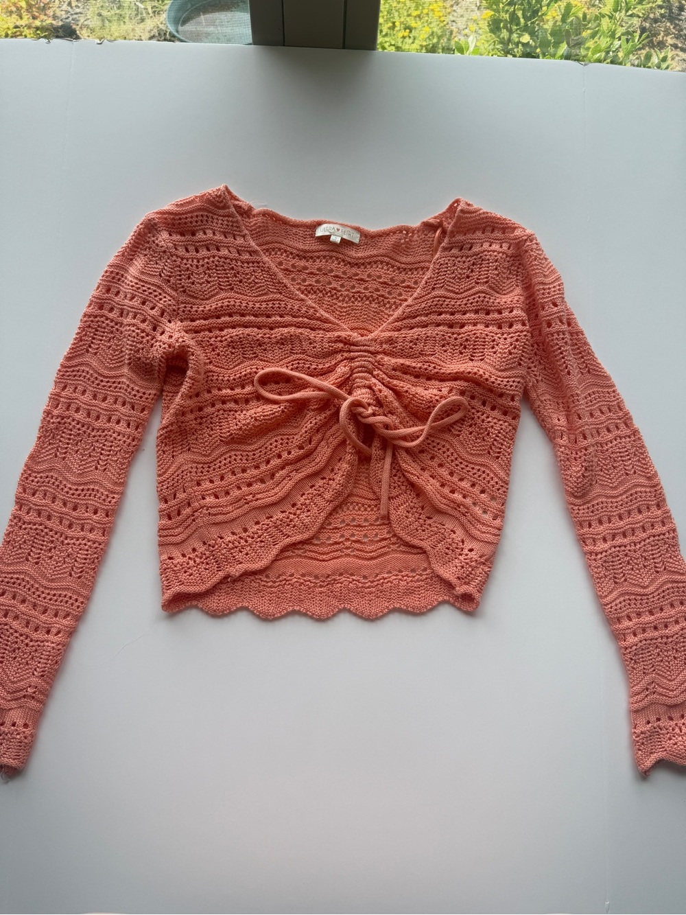 Ultra Flirt Crochet Tie-Front Sweater Top - Coral